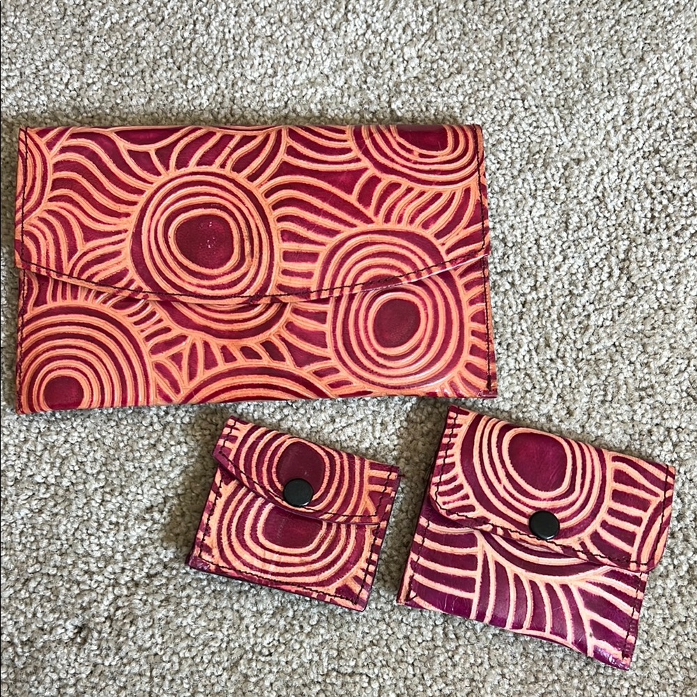 Unique handmade leather clutch, wallet and coin purse set